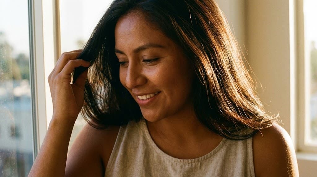 Mujer mexicana sonriendo mientras toca su cabello saludable con luz natural dorada